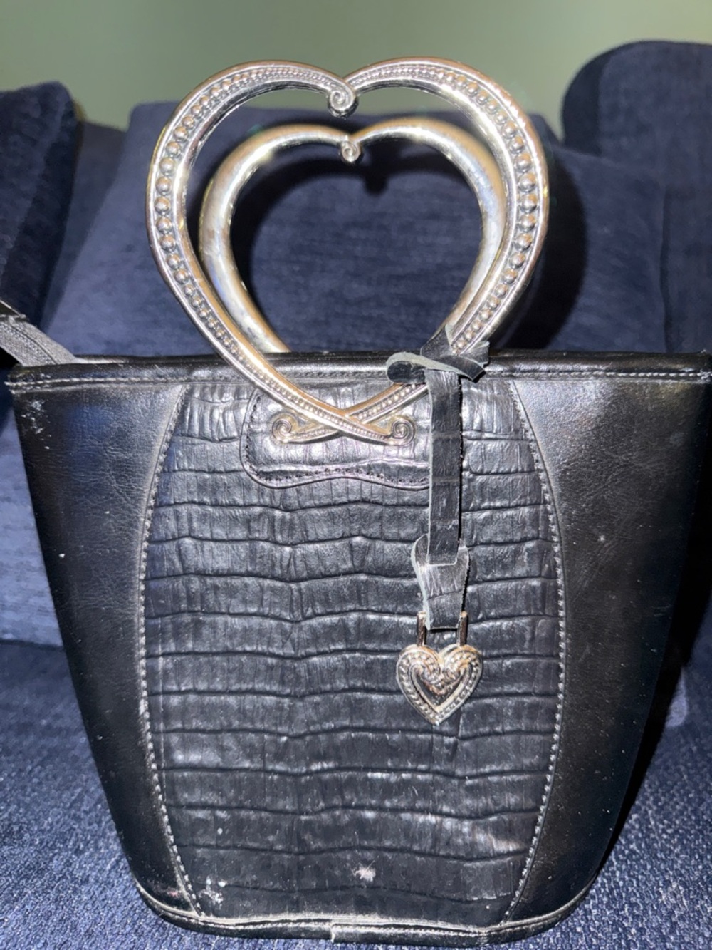 BRIGHTON Corazon Black Pebble Grain/CrocEmbossed Bag W/Silver Heart Handles